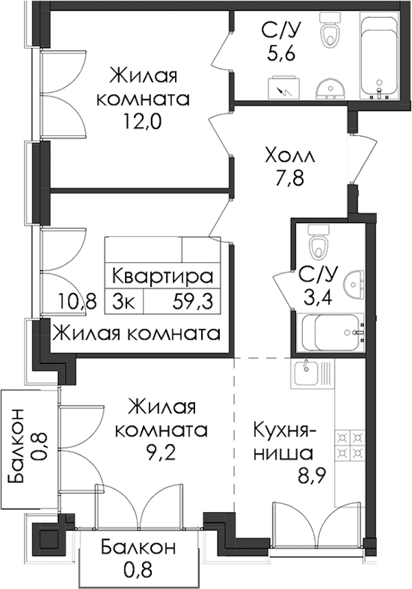 2-комнатная квартира 59.3 м², 4/7 эт., ЖК «Лермонтовский 54»